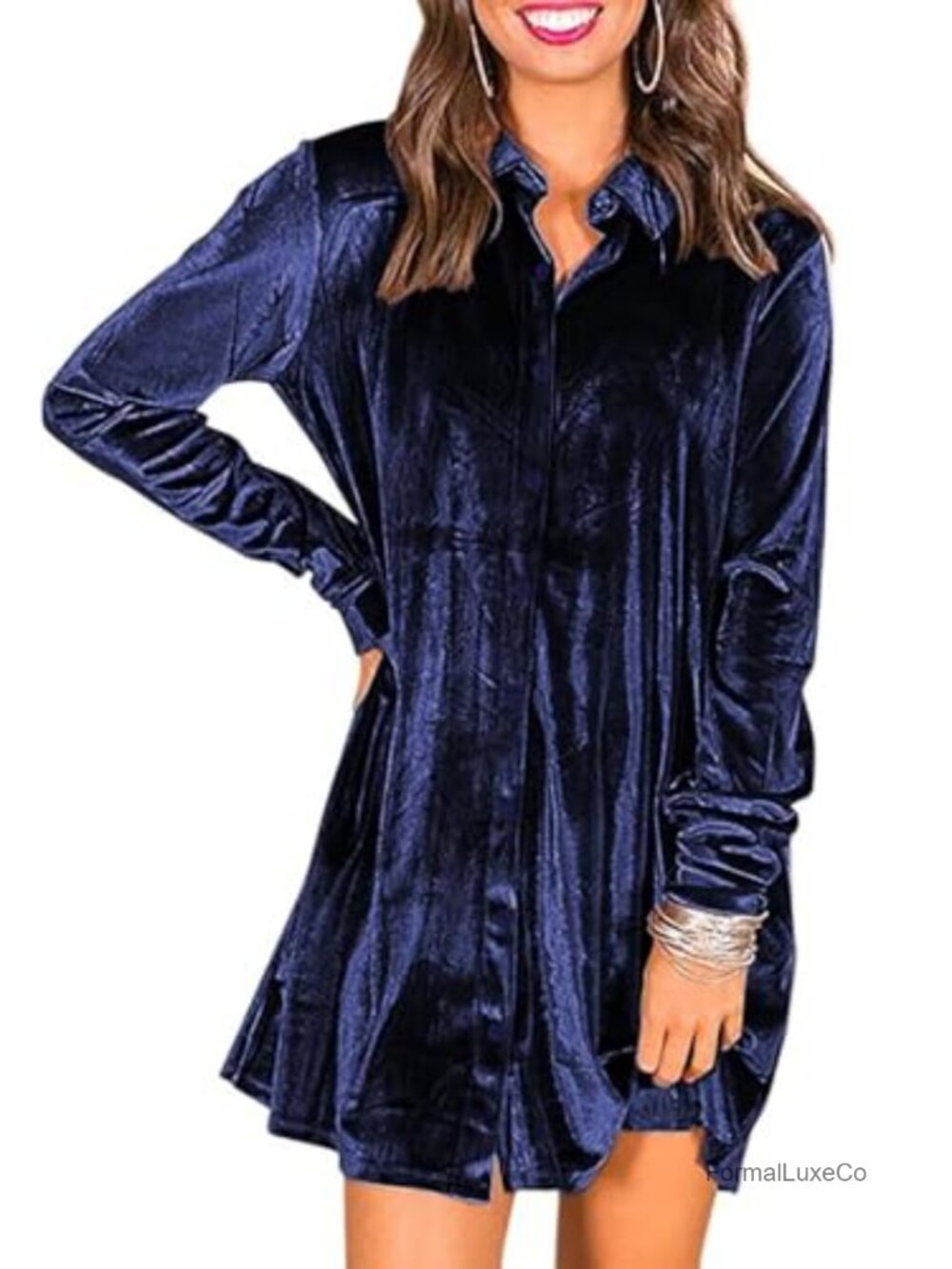 Velvet Button Down Tunic Dress with Pockets Long Sleeve